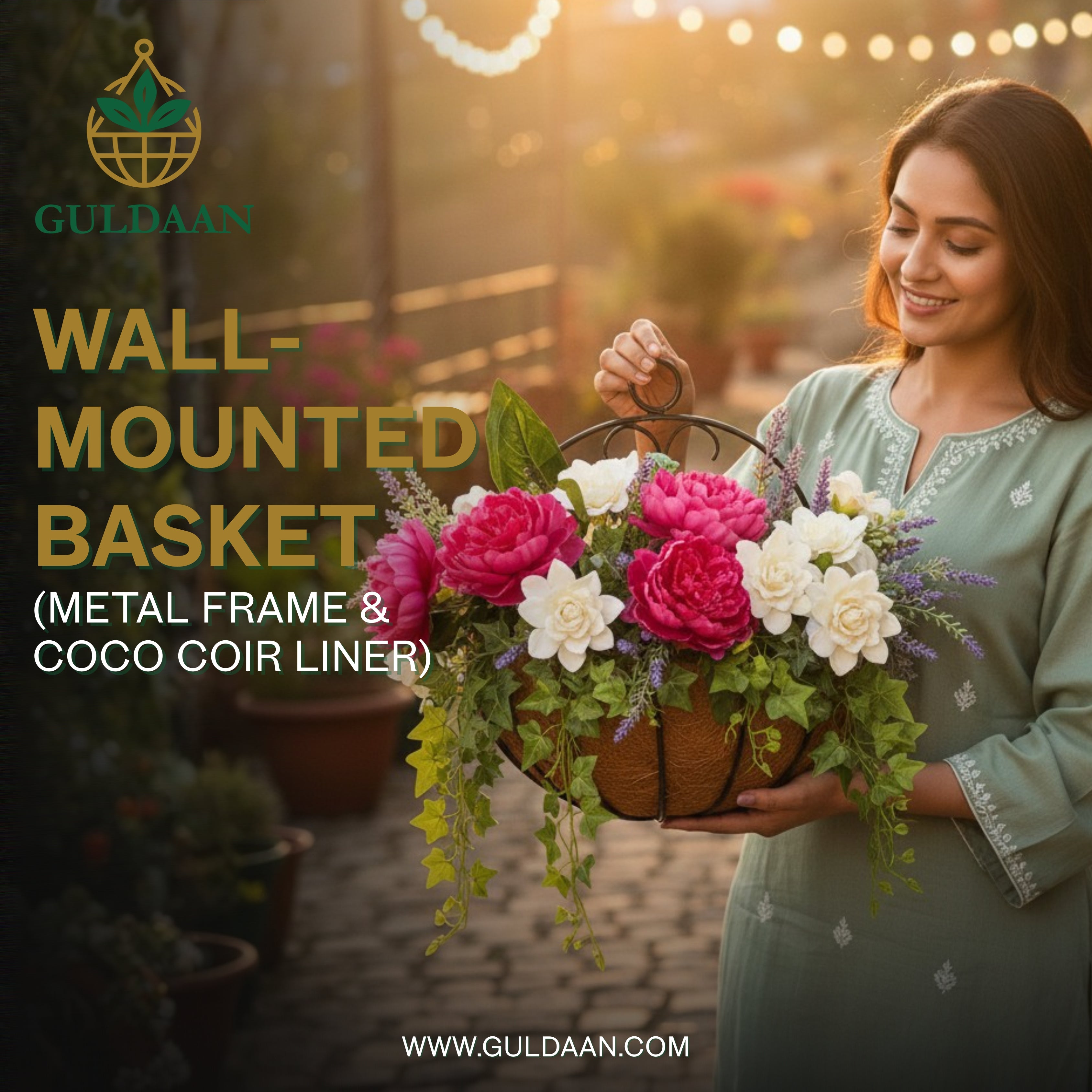 Wall Mounted Basket (Made with Metal frame Coco Coir liner) for Garden and Home Décor