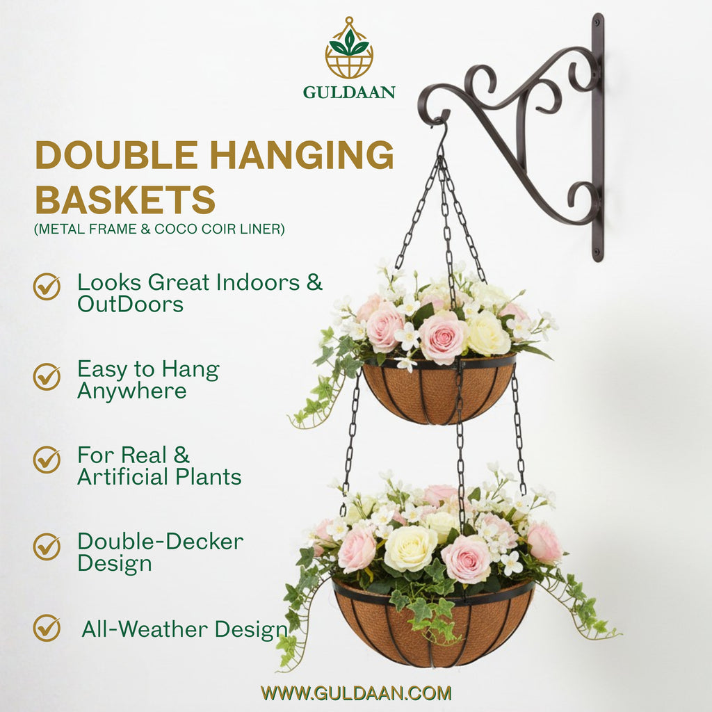 Exclusive Double Hanging Baskets with Coco liner Metal frame Color Black