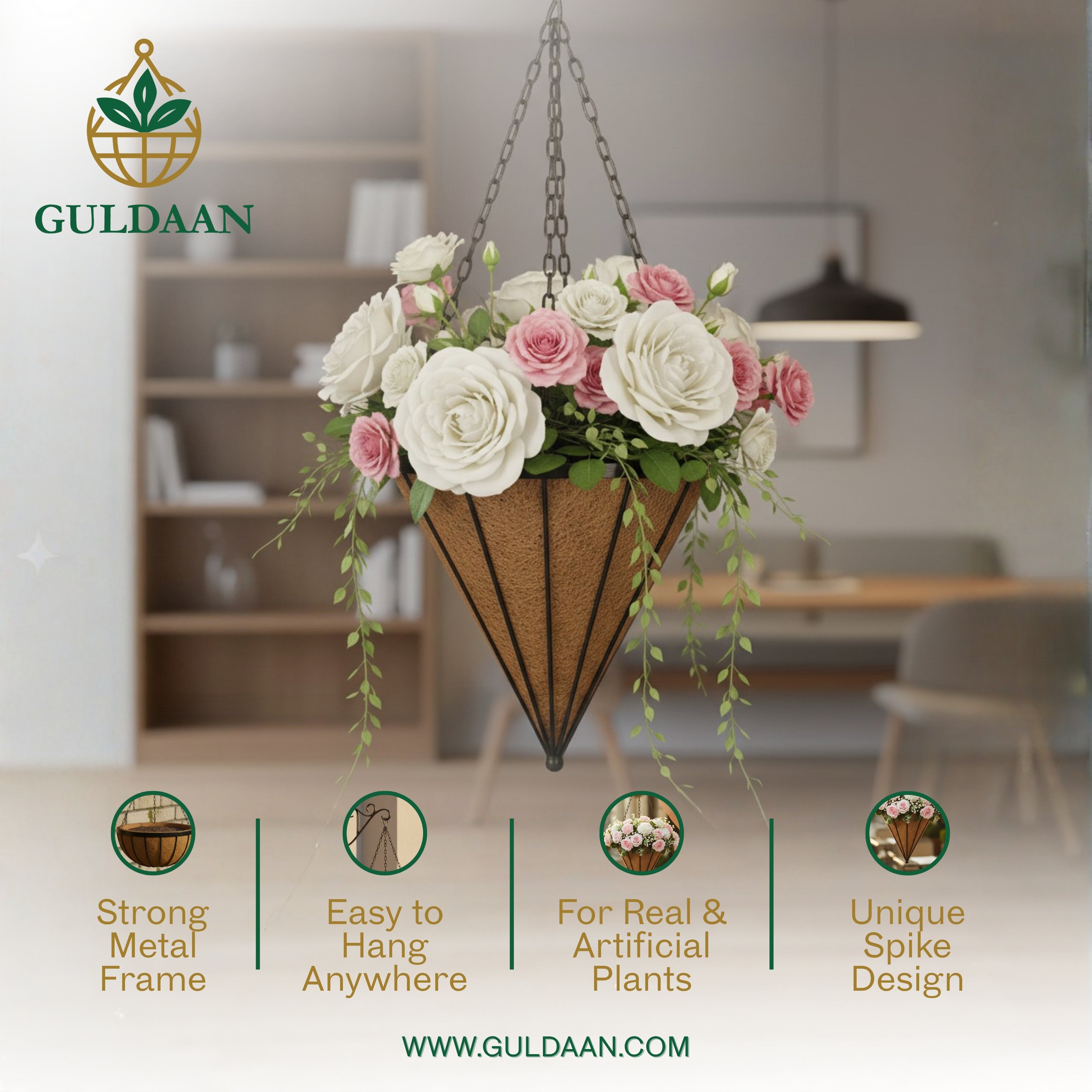 Elegant Flowers Hanging Basket Metal frame coco coir Liner for Outdoor Garden & Home Décor Black