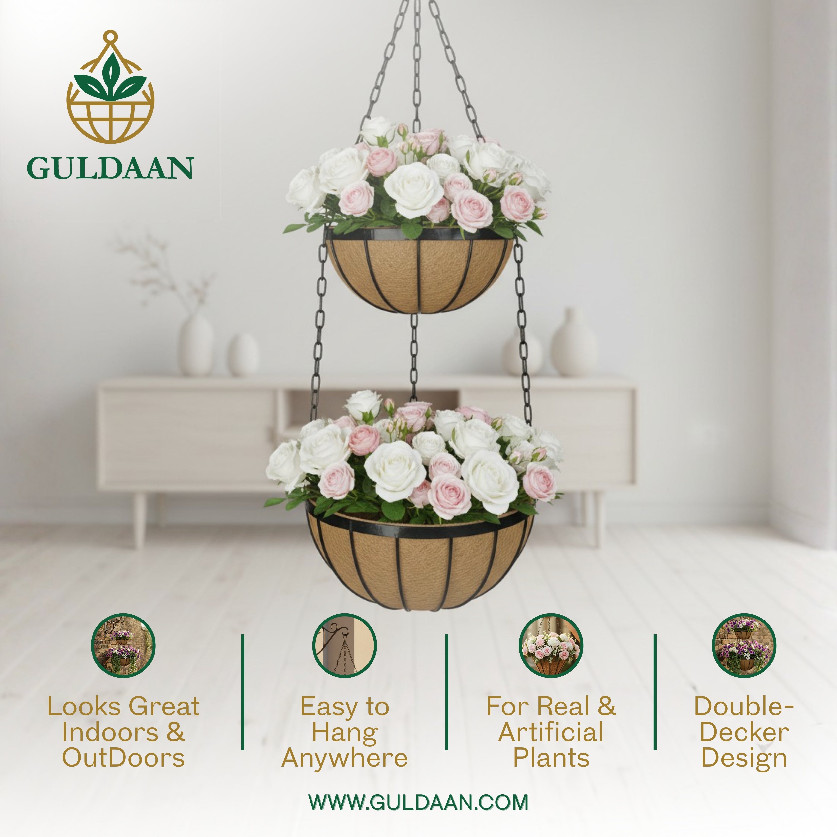 Exclusive Double Hanging Baskets with Coco liner Metal frame Color Black