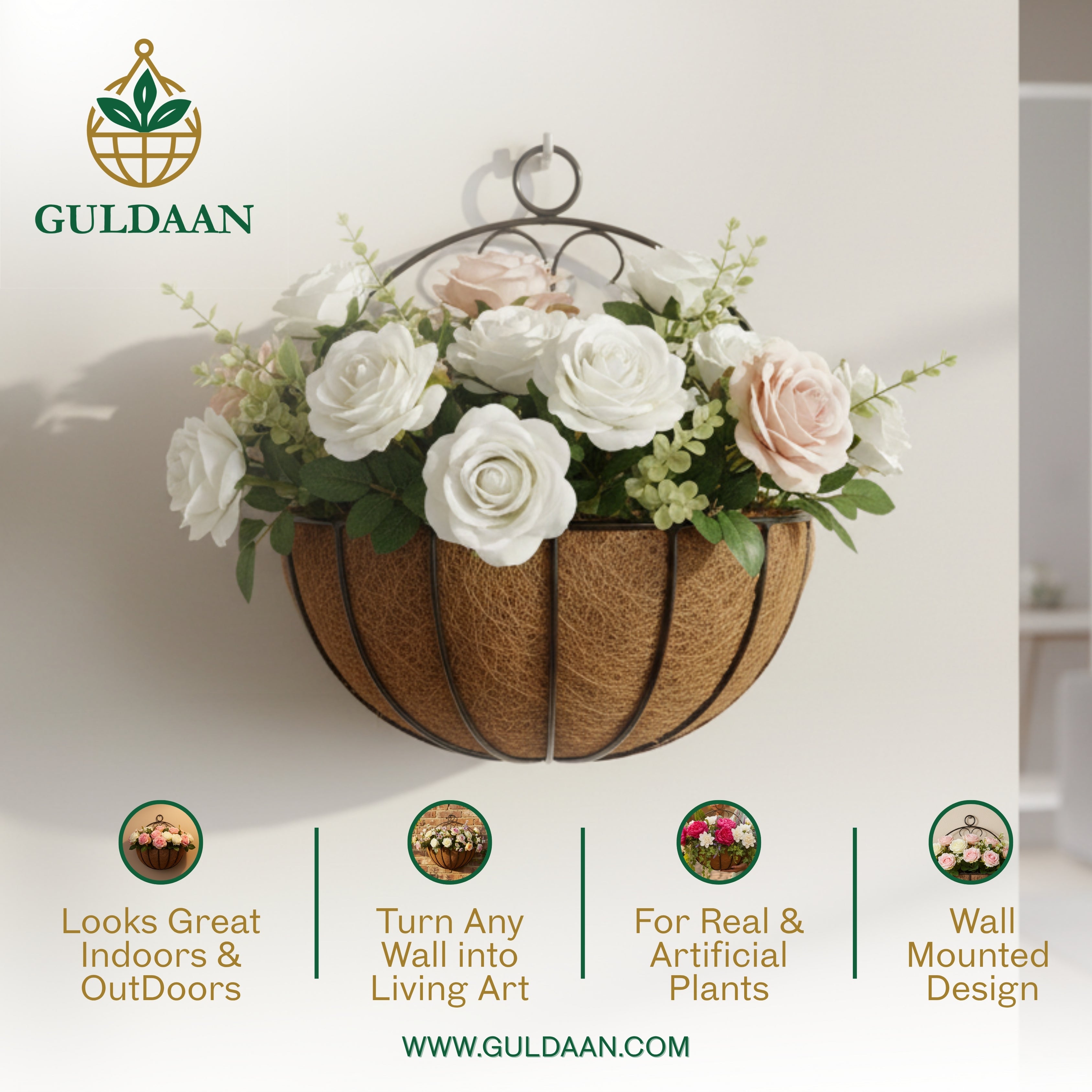 Wall Mounted Basket (Made with Metal frame Coco Coir liner) for Garden and Home Décor