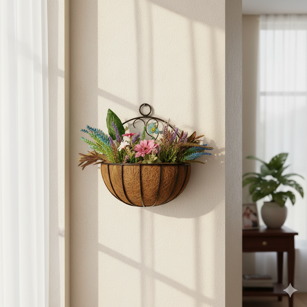 Wall Mounted Basket (Made with Metal frame Coco Coir liner) for Garden and Home Décor