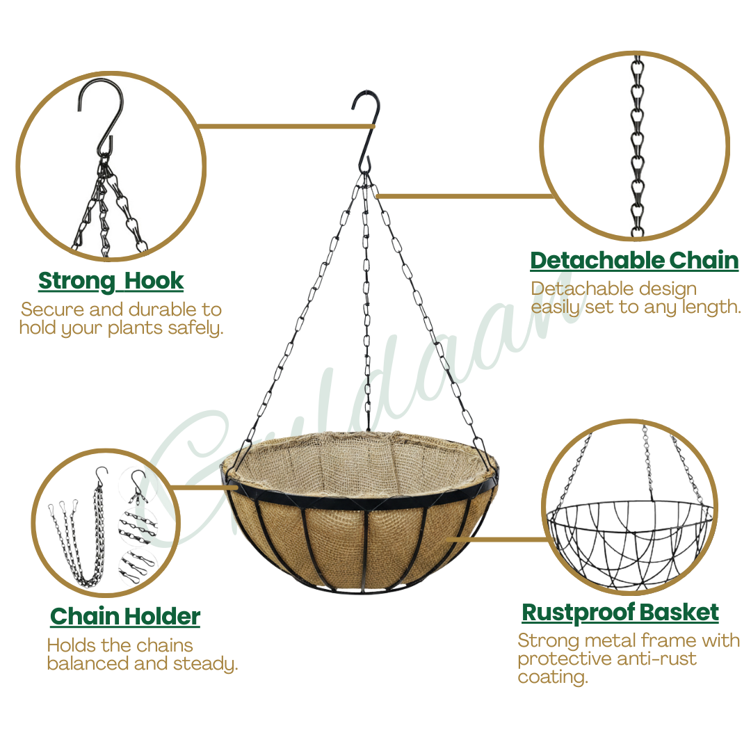 Large Size Flowers Hanging Basket with Coco liner Metal frame for Home & Garden