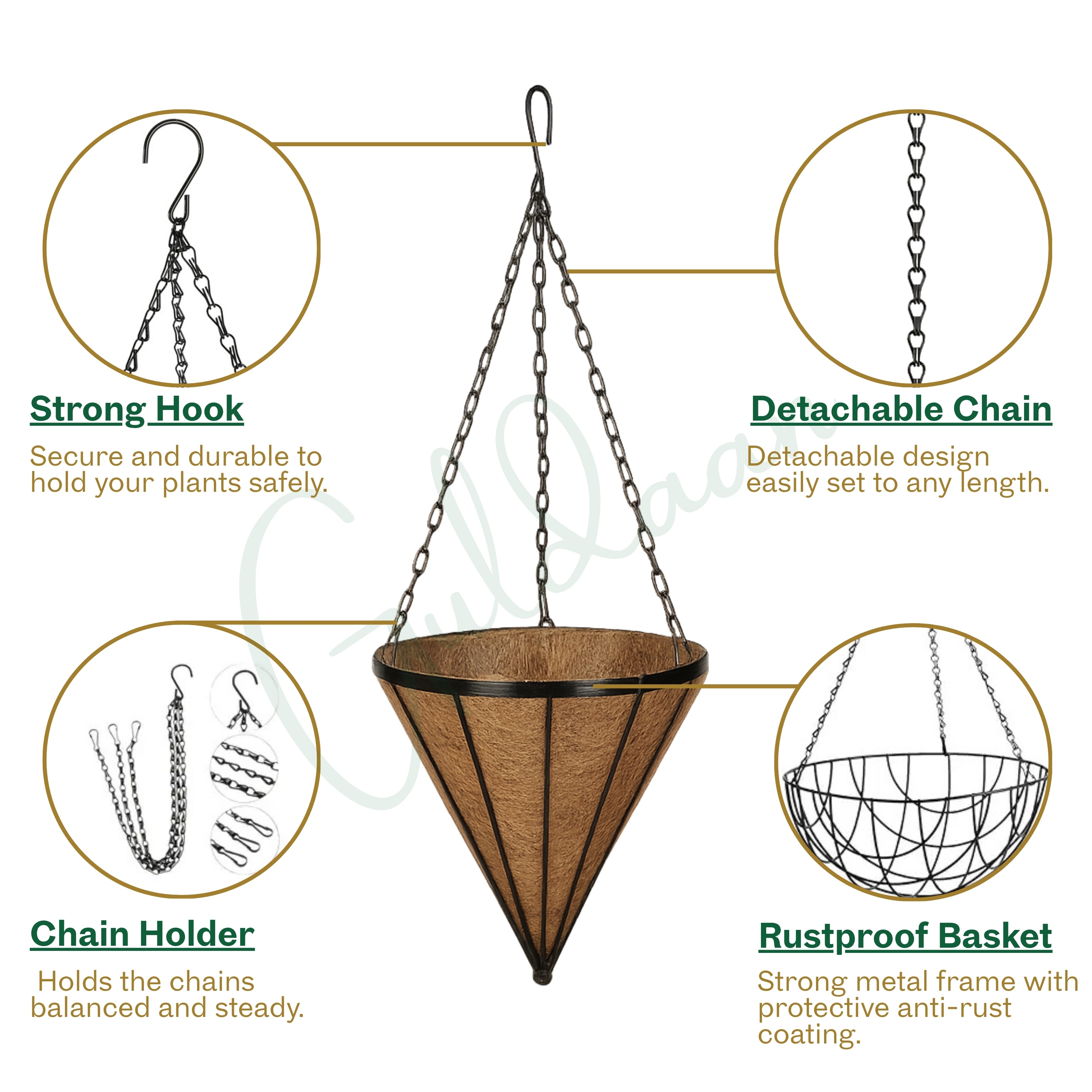 Elegant Flowers Hanging Basket Metal frame coco coir Liner for Outdoor Garden & Home Décor Black