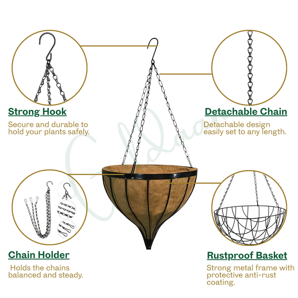 Exclusive Cone Hanging Basket with Coco liner Metal frame 12″ Size Color Black