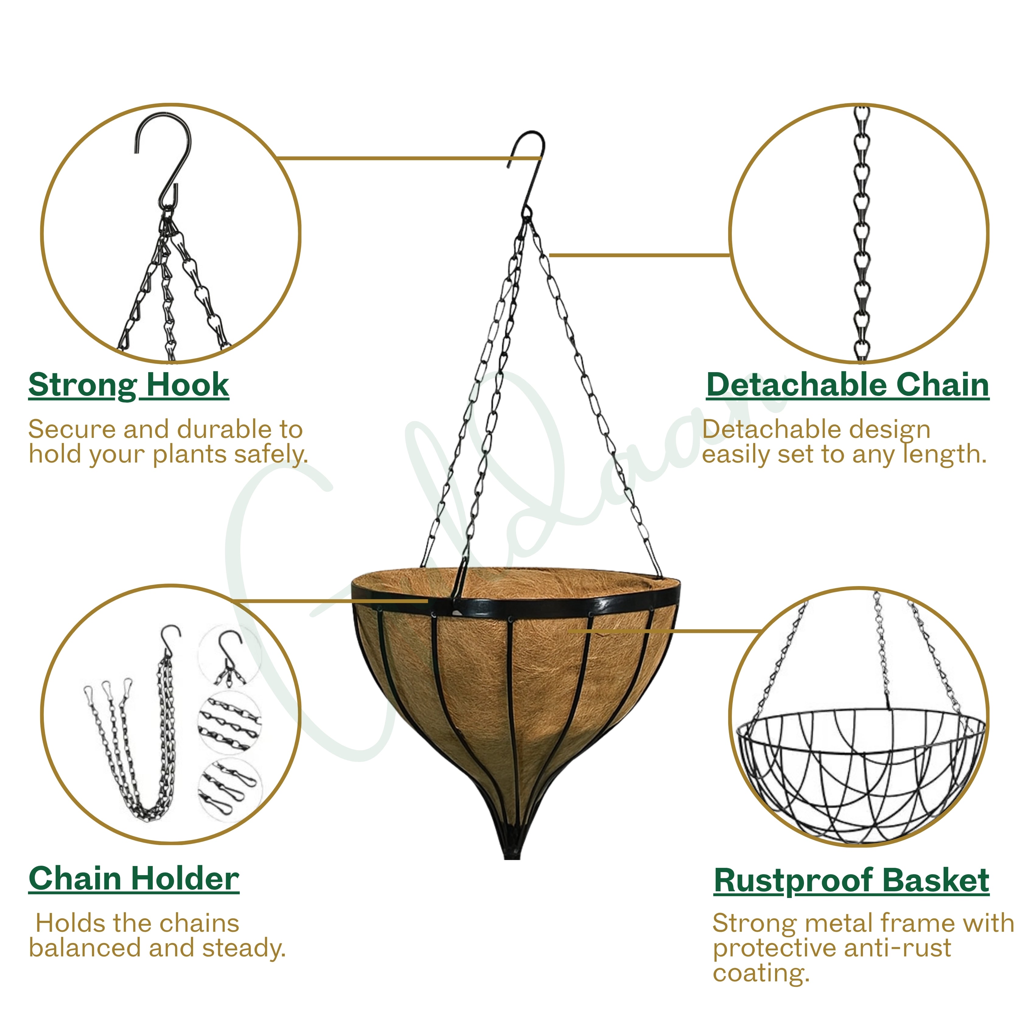 Exclusive Cone Hanging Basket with Coco liner Metal frame 12″ Size Color Black