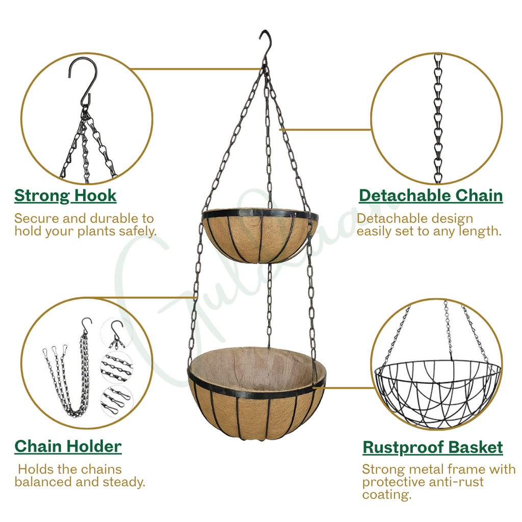 Exclusive Double Hanging Baskets with Coco liner Metal frame Color Black