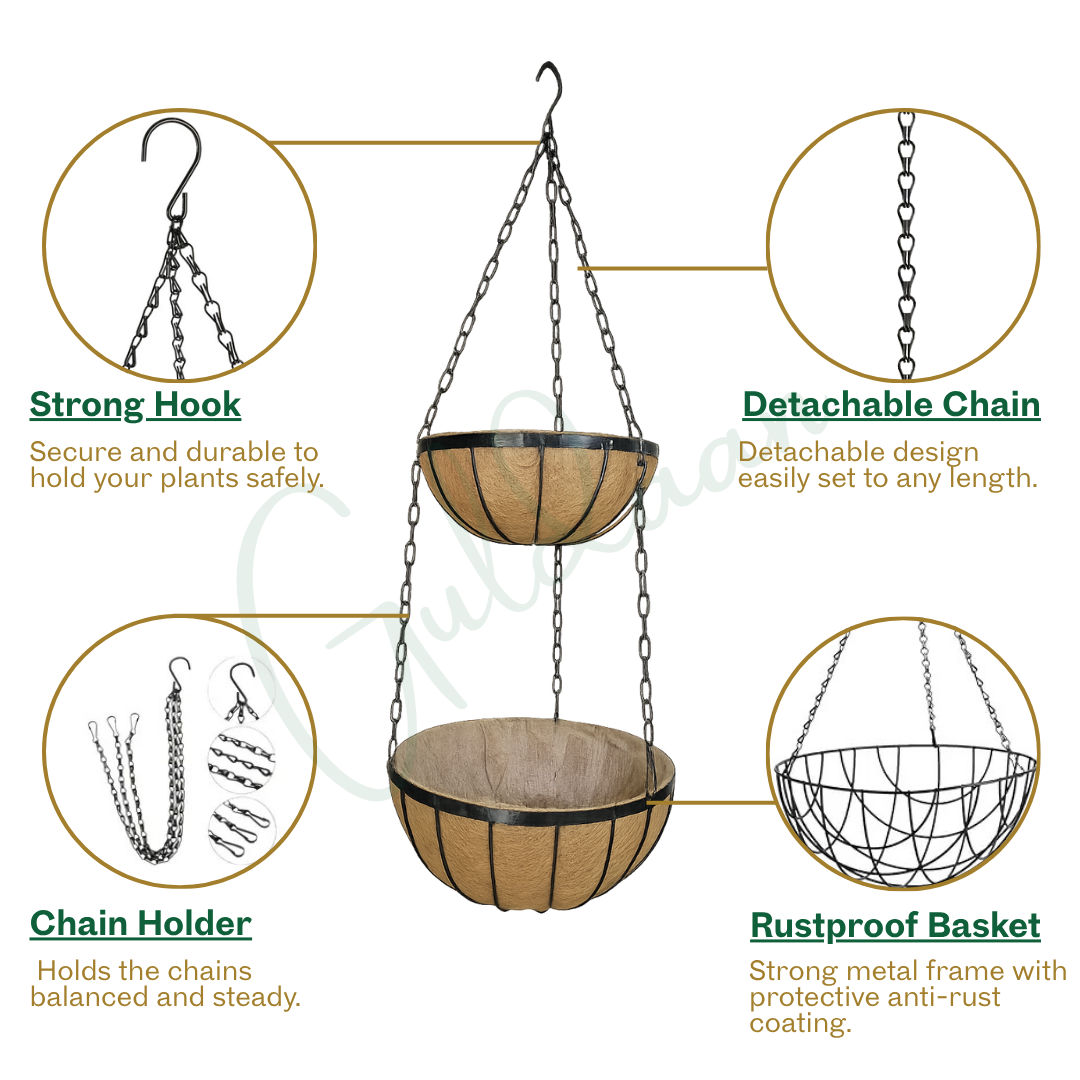 Exclusive Double Hanging Baskets with Coco liner Metal frame Color Black