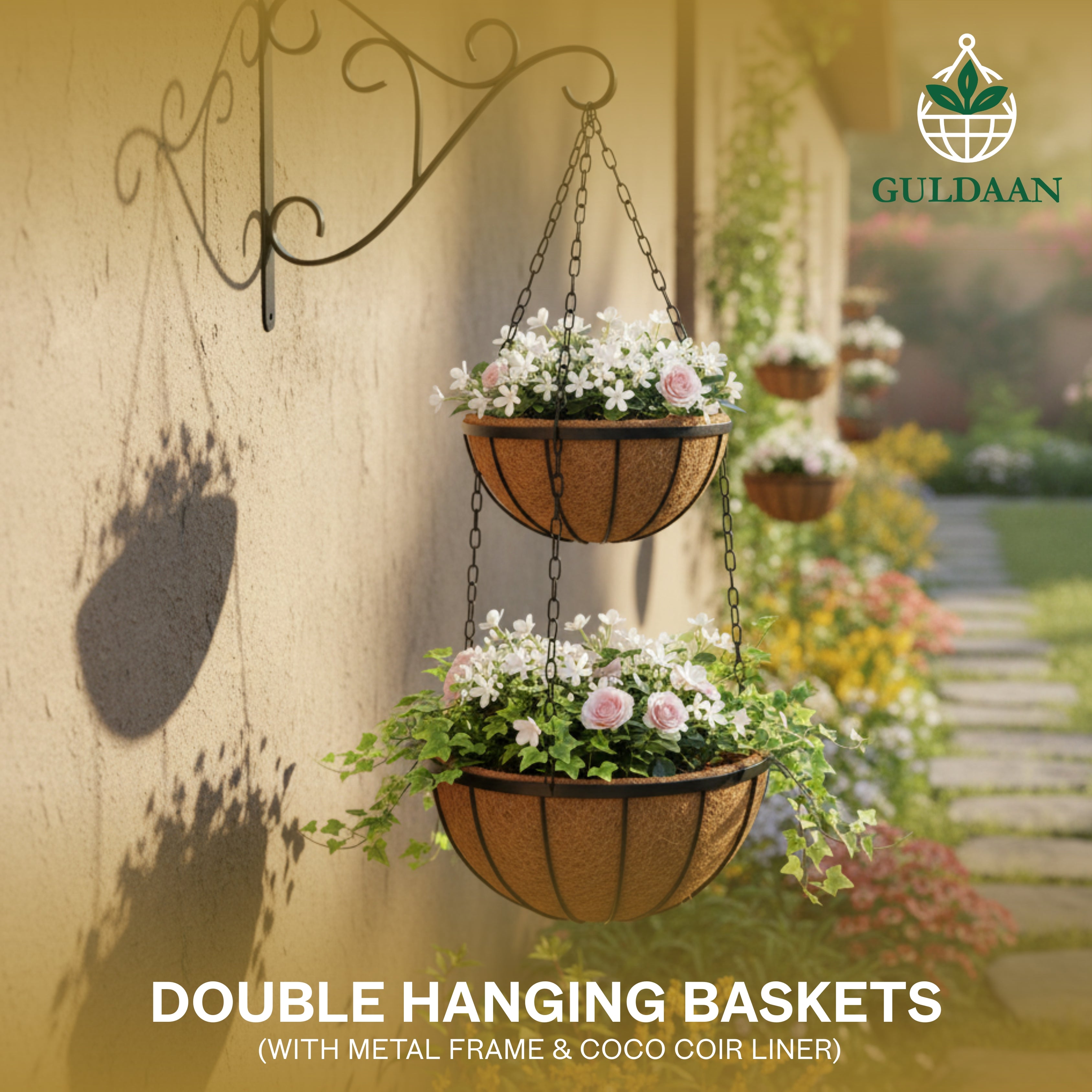 Exclusive Double Hanging Baskets with Coco liner Metal frame Color Black