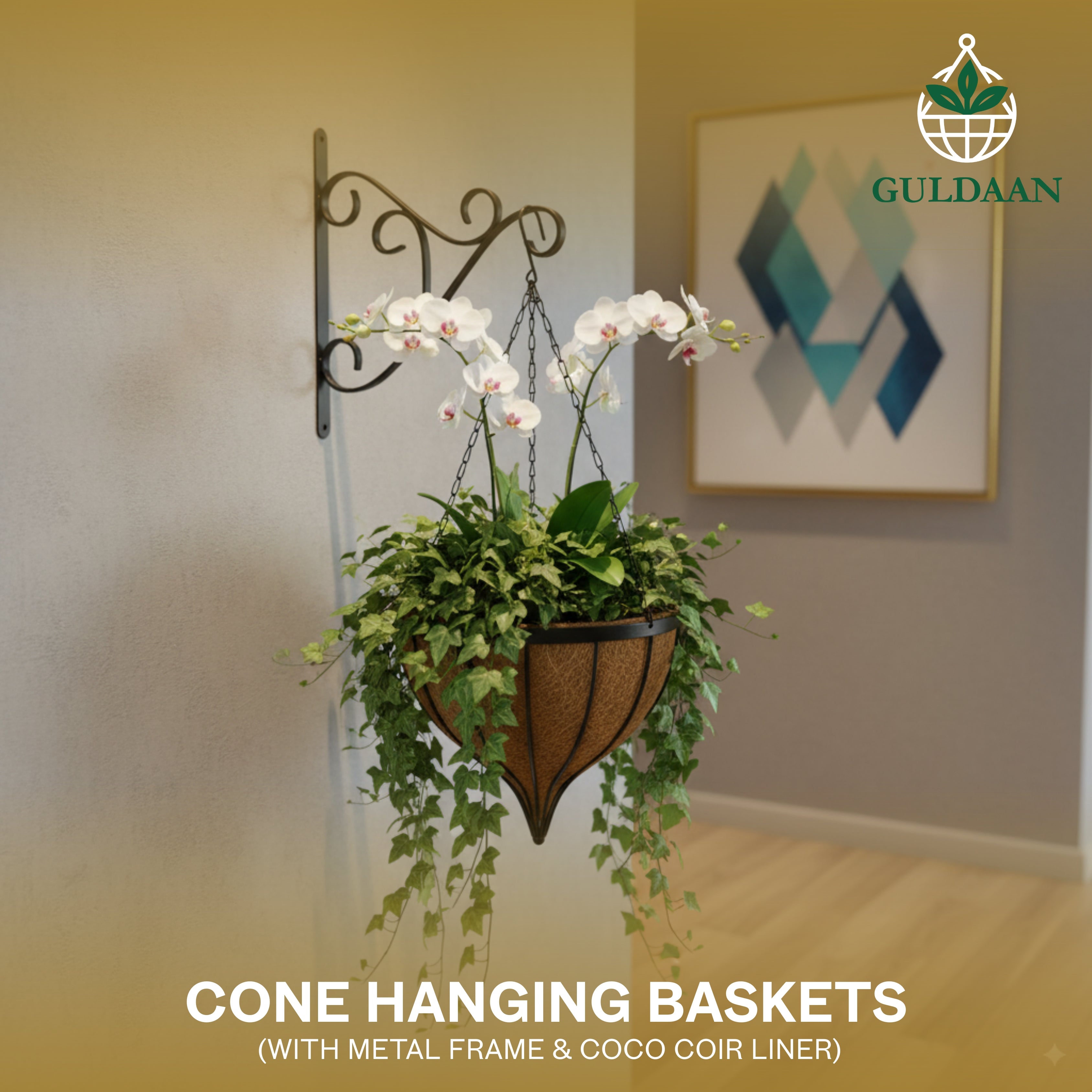 Exclusive Cone Hanging Basket with Coco liner Metal frame 12″ Size Color Black